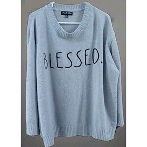 Novelty Stitch Women’s 2X Knit Sweater Blessed Graphic Light Blue Lavender EUC